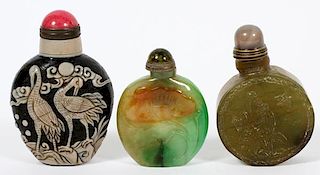 AGATE AND PORCELAIN SNUFF BOTTLES THREE