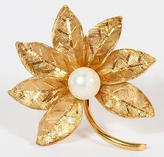 14KT GOLD AND PEARL LEAFY PIN