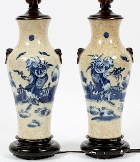 CHINESE BEIGE CRACKLE VASES NOW LAMPS PAIR