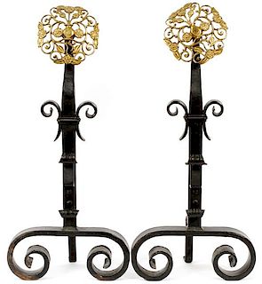 BRASS AND WROUGHT IRON ANDIRONS 1920 PAIR
