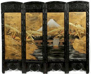 JAPANESE LACQUER AND TEAKWOOD TABLE SCREEN C. 1900