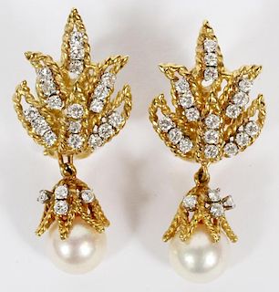 18 KT GOLD AND DIAMOND PEARL DROP EARRINGS PAIR