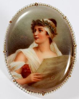 MUSE OF MUSIC PORCELAIN GOLD & PEARL BROOCH