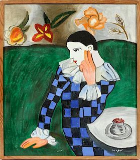 CELSO LAGAR SPANISH OIL ON CANVAS CLOWN AT TABLE