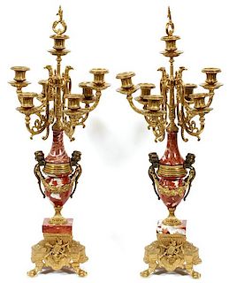 FRENCH STYLE ROUGE MARBLE AND GILT METAL CANDELABRA