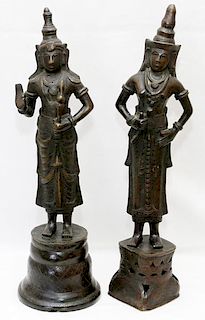 THAILAND BRONZE FIGURES ON PLINTHS 19TH C. TWO