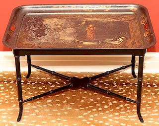 PAINTED TOLE TRAY TOP TABLE AND STAND