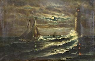 19th C. Oil on Canvas. Moonlit Seascape with