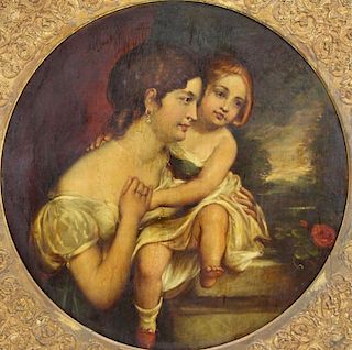 Initialed J.L. 19th C. Oil on Board. Mother and