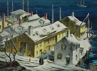 GASSER, Martin Henry. Watercolor. "Winter Wharf"