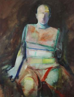 Signed 20th C. Modernist Oil on Board. Seated