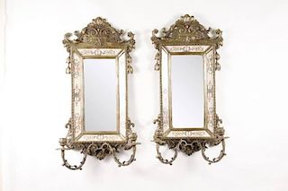 Pair of Bronze, Porcelain, Mirrored Candle Sconces