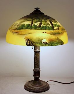 UNSIGNED. Reverse Painted Handel Style Table Lamp