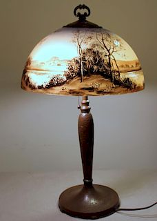 HANDEL. Signed Reverse Painted Table Lamp.