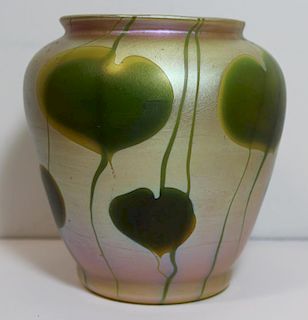 Tiffany Style Favrile Glass Vase with Leaf