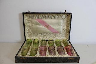 MOSER. Signed Box of 12 Enamel Decorated Glasses.