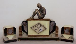 Art Deco Marble Figural Cock Garniture Set .