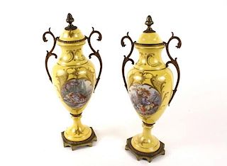 Pair of Sevres Style Handpainted Covered Urns