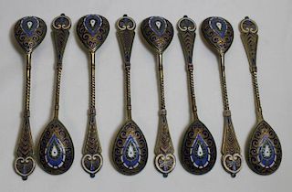 SILVER. Grouping of 8 Russian Enamel Spoons.