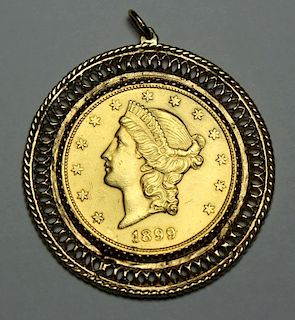 GOLD. 1899 United States $20 Gold Coin.