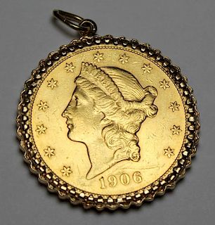 GOLD. 1906 $20 Gold Coin Mounted as Pendant.