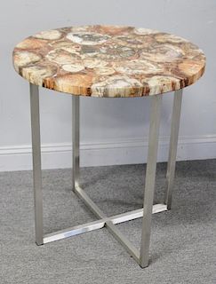 Mosaic Petrified Wood and Ammonite Center Table.