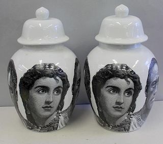 Pair of Piero Fornasetti Style Jars with Faces.