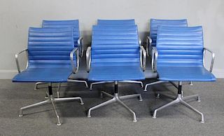 Set of 6 Blue Eames Aluminum Group Office Chairs.