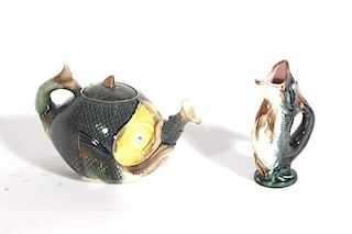 Two Majolica Fish Motif Items, Glug & Teapot