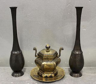Antique Asian Bronze Grouping To Inc a Pair