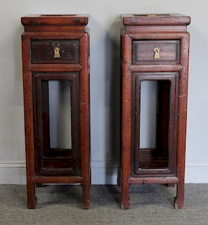 A Pair of Asian Wood 1 Drawer Pedestal Stands.