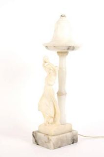 Carved Figural Alabaster Table Lamp, Signed