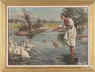Oil on canvas of a woman with geese, dated 1922, 14 1/2'' x 20''.
