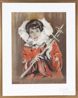 Pastel illustration of a woman with ski poles, signed indistinctly lower left, 22'' x 16 1/2''.