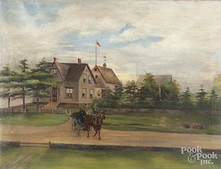 American oil on canvas country road with a farmhouse, ca. 1900, 20 1/2'' x 27''.