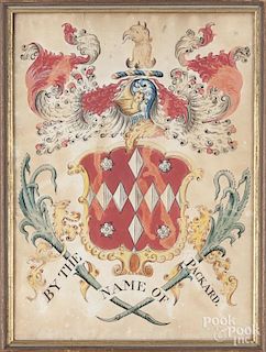 Watercolor Packard family crest, 19th c., 13'' x 9 1/2''.
