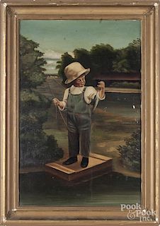 Oil on board primitive of a young boy with fish, ca. 1900, 18 1/2'' x 12 1/4''.