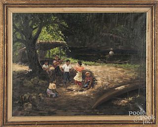 Pedro Amorsolo (Philippines 20th c.), oil on canvas landscape with children, signed lower right, 21''