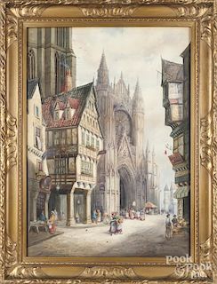 Watercolor view of Rouen Normandy, signed H. J. Harris 1912, 29'' x 21''.