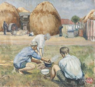 Oil on canvas landscape, mid 20th c., with figures and haystack, 26 1/2'' x 28 1/2''.