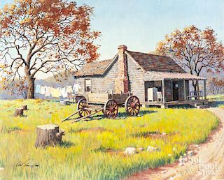 Arthur Sarnoff (American 1912-2000), acrylic on board titled Rural Washday, signed lower left and