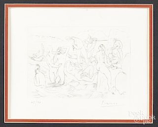 Pablo Picasso engraving of nudes on a beach, #42/50, 5'' x 7''.