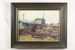 George Renouard Oil on Canvas Board of Shipyard