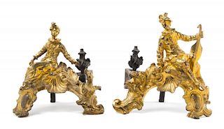 A Pair of Rococo Style Gilt Bronze Figural Andirons Height 12 inches.