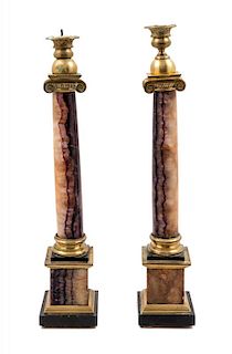 A Pair of Gilt Bronze and Blue John Candlesticks Height of tallest 18 1/4 inches.