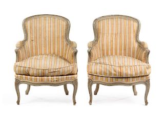 A Pair of Louis XV Style Painted Bergeres Height 33 5/8 inches.