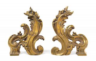 A Pair of Louis XV Style Brass Andirons Height 9 inches.
