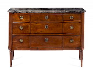 A Louis XVI Gilt Bronze Mounted Mahogany Commode Height 36 x width 50 3/8 x depth 18 3/4 inches.