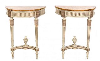 A Pair of Louis XVI Style Painted Console Tables Height 31 1/8 x width 18 3/8 x depth 10 1/2 inches.