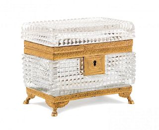 A French Gilt Metal Mounted Cut Glass Table Casket Height 4 5/8 x width 5 1/2 x depth 3 1/4 inches.